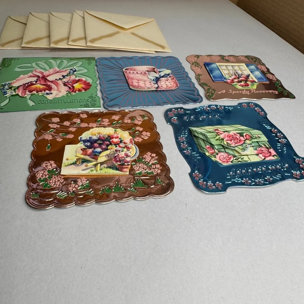 Vintage Embossed Metal Foil Greeting Cards w/ Envelopes Lot of 5 Floral Designs